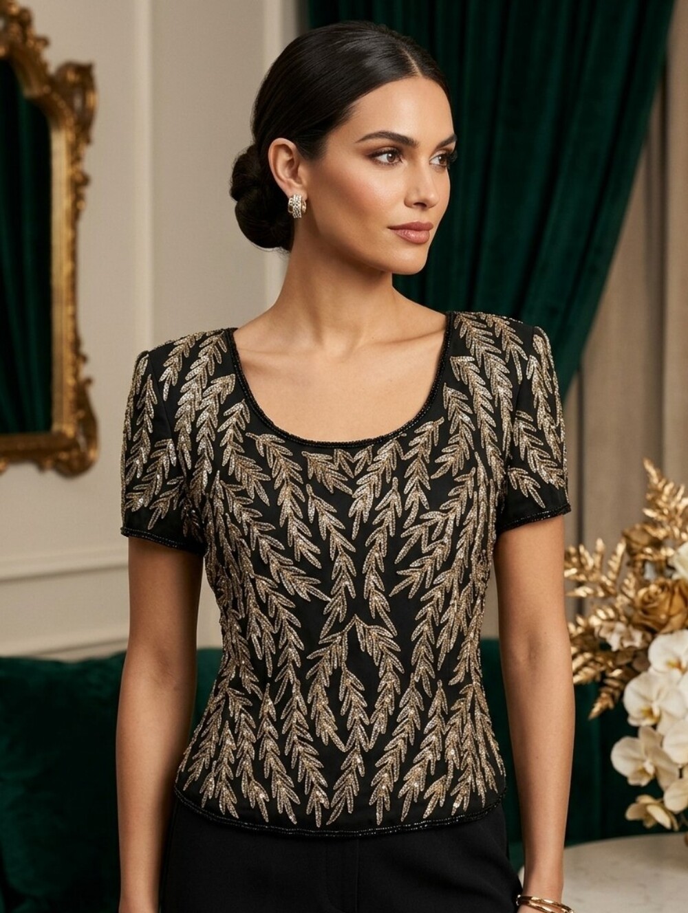 Papell Boutique Silk Embellished Beaded Formal Vintage Evening Top Dress Blouse